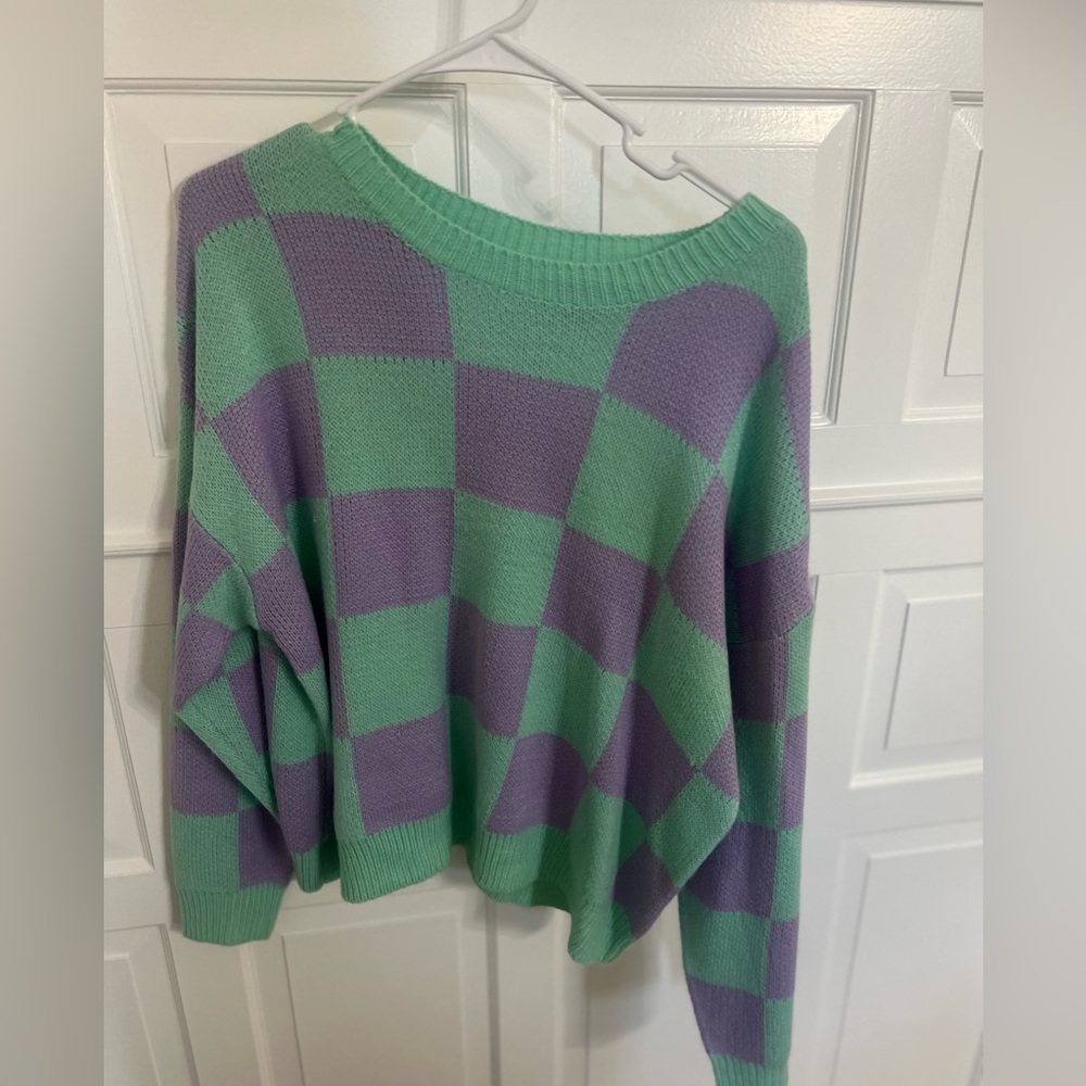Mint and purple checkered crew neck sweater